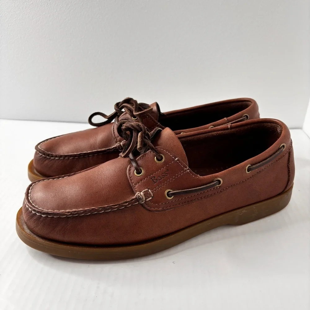 Bass Mens Seafarer Boat Shoe Size 9.5 Moc-Toe Brown Leather Rawhide Lace Preppy